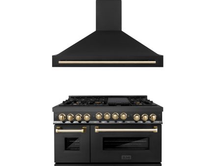 ZLINE 48  Autograph Edition Kitchen Package with Black Stainless Steel Gas Range and Range Hood with Gold Accents (2AKPR-RGBRH48-G) on Sale